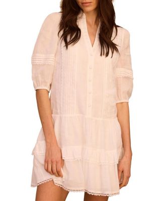 Women's Ruffle V-Neck Short-Sleeve Ramie Mini Dress