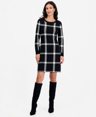 Petite Plaid Long-Sleeve Scoop Neck Sweater Dress