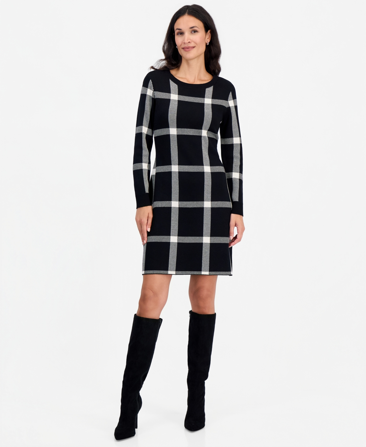 Sandra Darren Petite Plaid Long-sleeve Scoop Neck Sweater Dress In Black,white
