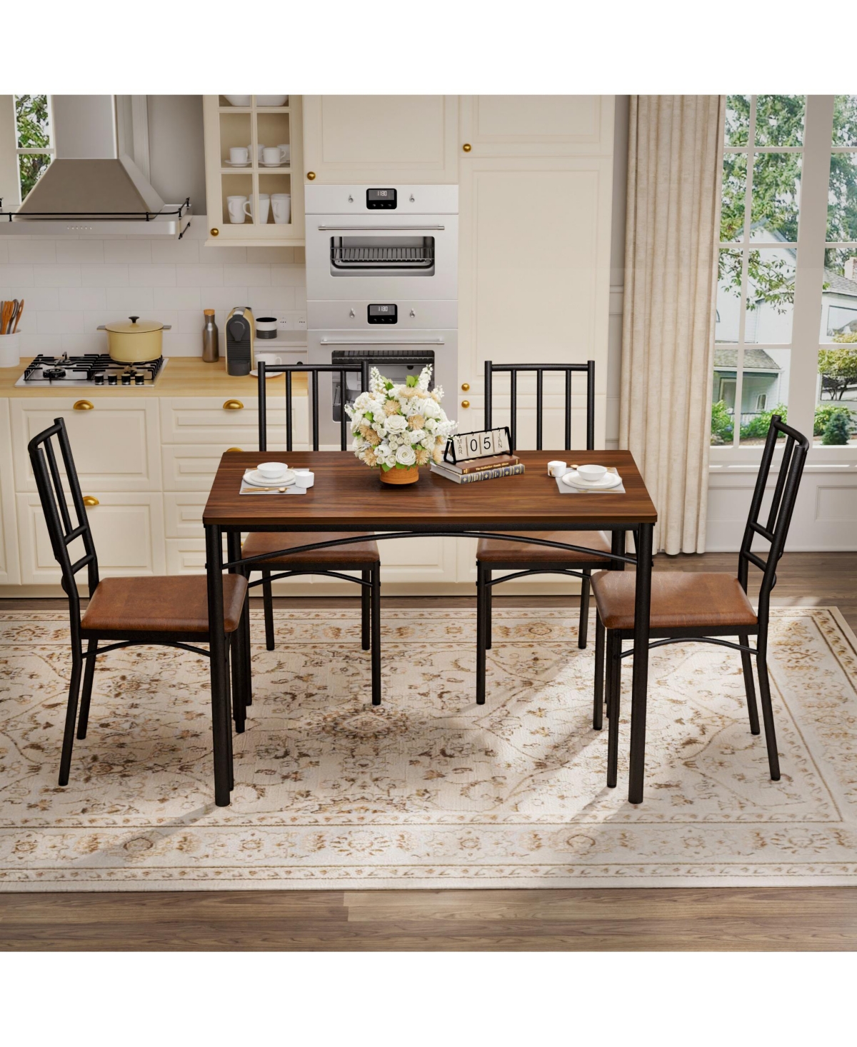 Flynama 4-Piece Industrial Dining Set, Table and 4 Pu Benches