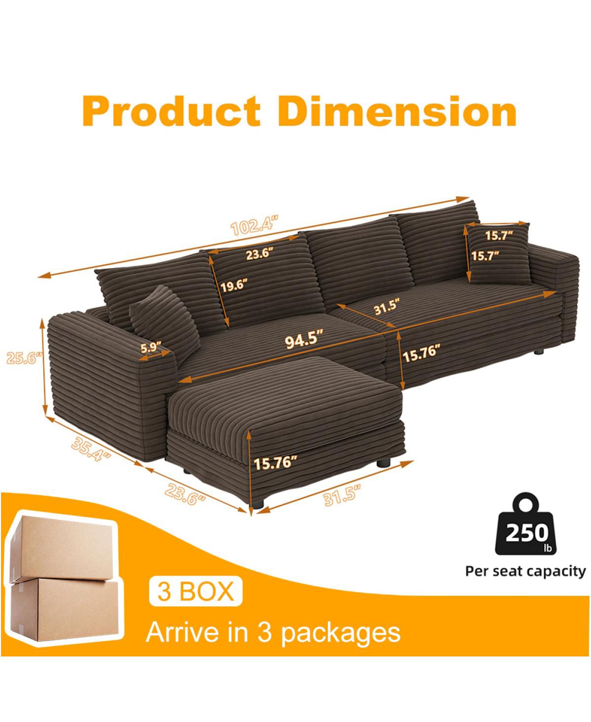 Streamdale Furniture Plush Corduroy 4-Seat Cloud Sofa with Ottoman