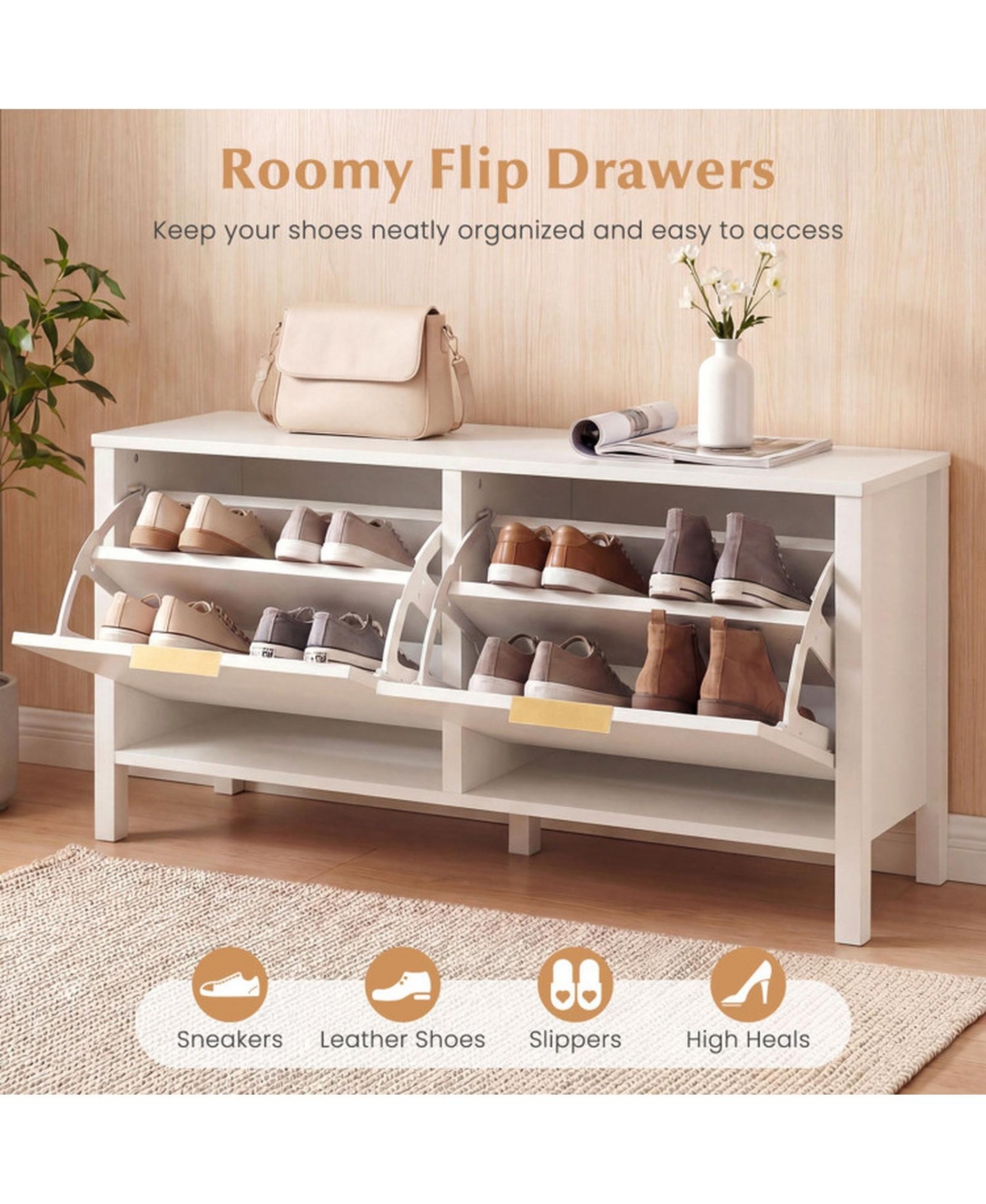 Sugift Fluted Entryway Shoe Bench with 2 Flip Drawers and Golden Handles