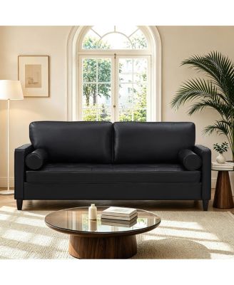 Classic Design Faux Leather Tufted Sofa with Wood Legs