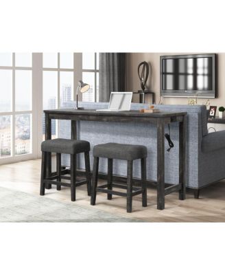3-Piece Counter Height Dining Set, Solid Wood Table with Outlet and 2 Tufted Linen Stools