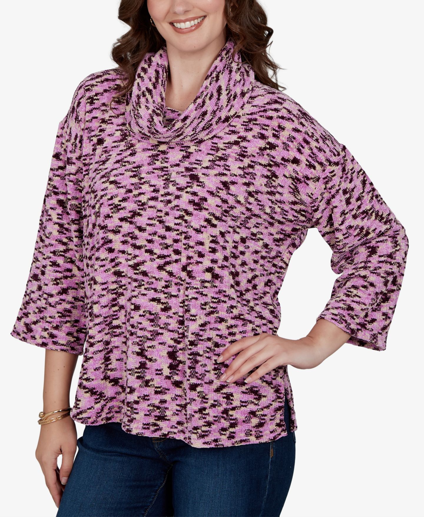 Женский топ Ruby Rd. Petite Spacedye Cowl Neck 3/4-Sleeve, цвет: Инжирный разноцветный — фото 2