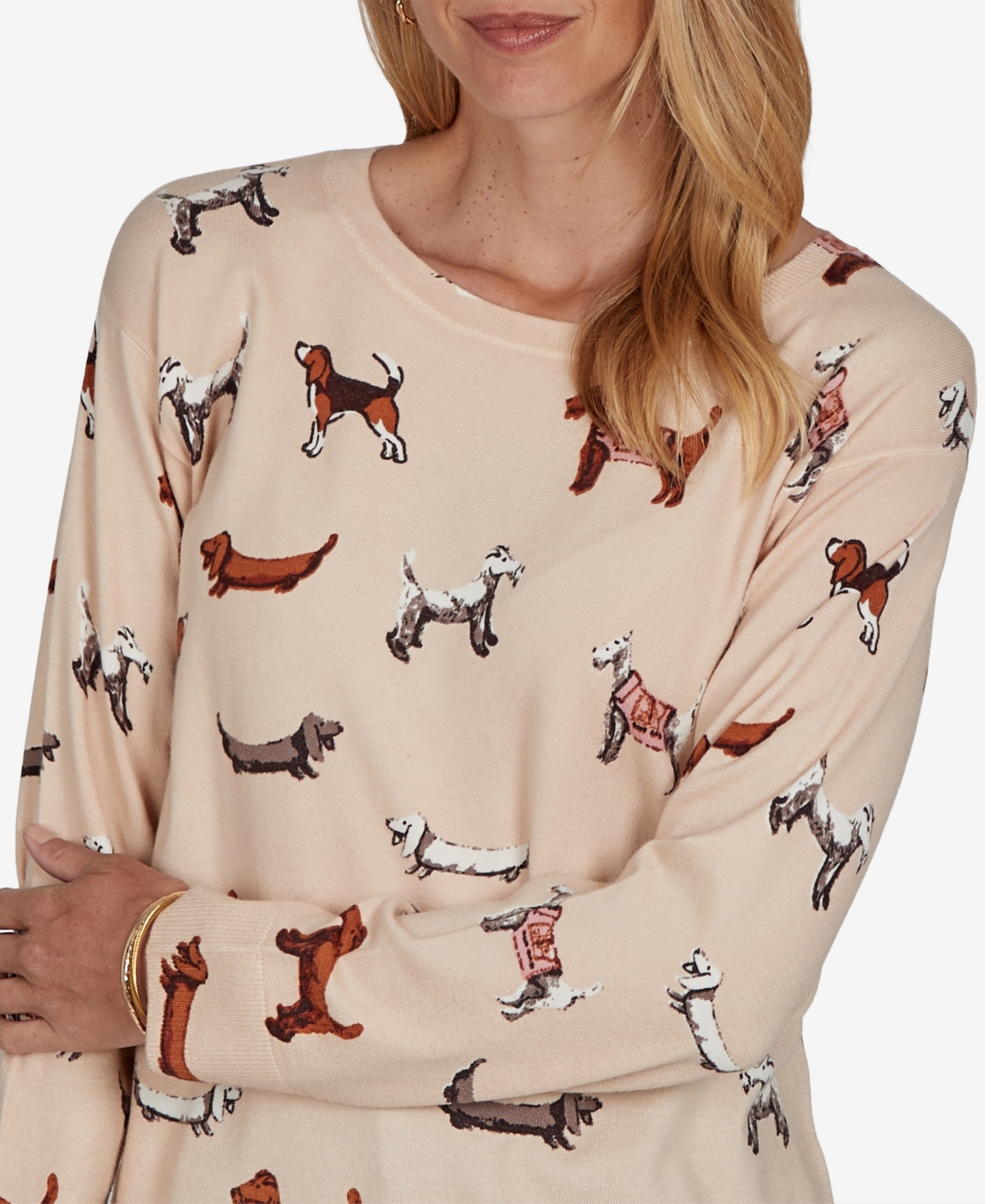 Ruby Rd. Women's Petite Dog-print Long-sleeve Pullover In Neutral