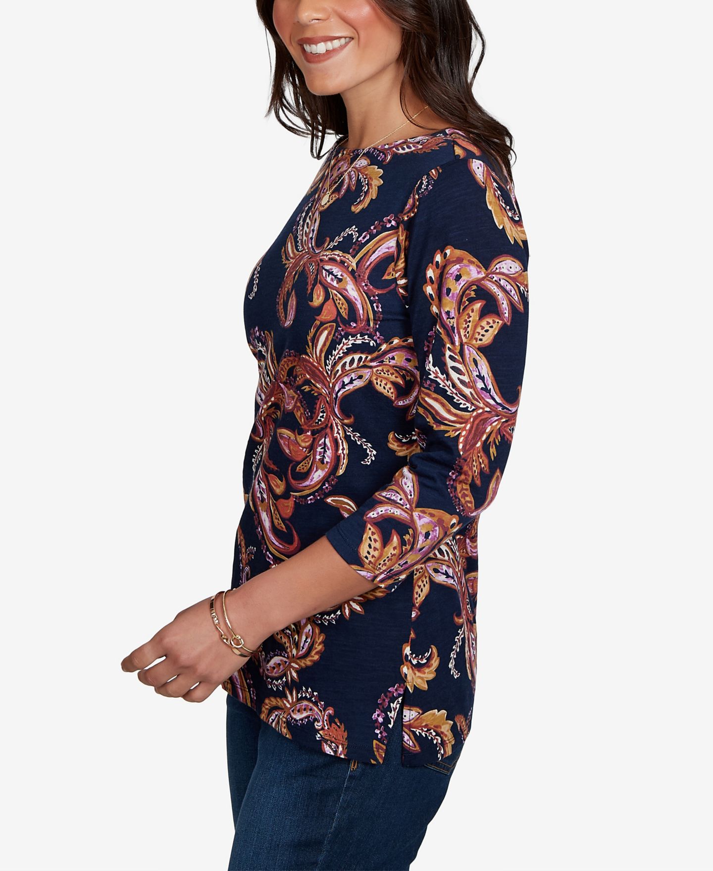 Женский топ Ruby Rd. Petite Paisley-Print Boat Neck 3/4-Sleeve, цвет: Тёмно-синий разноцветный — фото 3