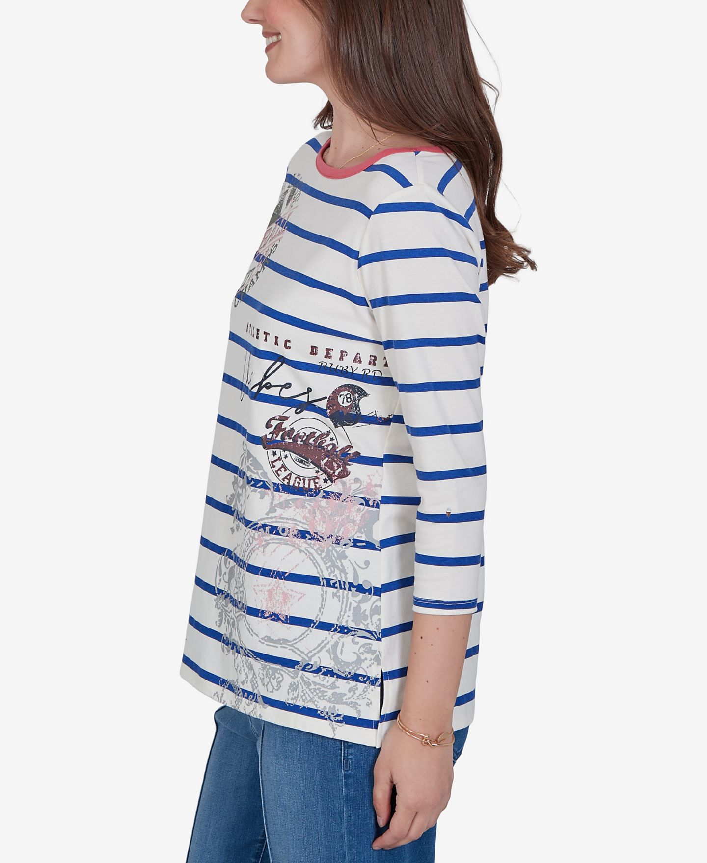Женская футболка Ruby Rd. Petite Varsity Striped 3/4-Sleeve Boat-Neck, цвет: Тёмно-синий разноцветный — фото 3