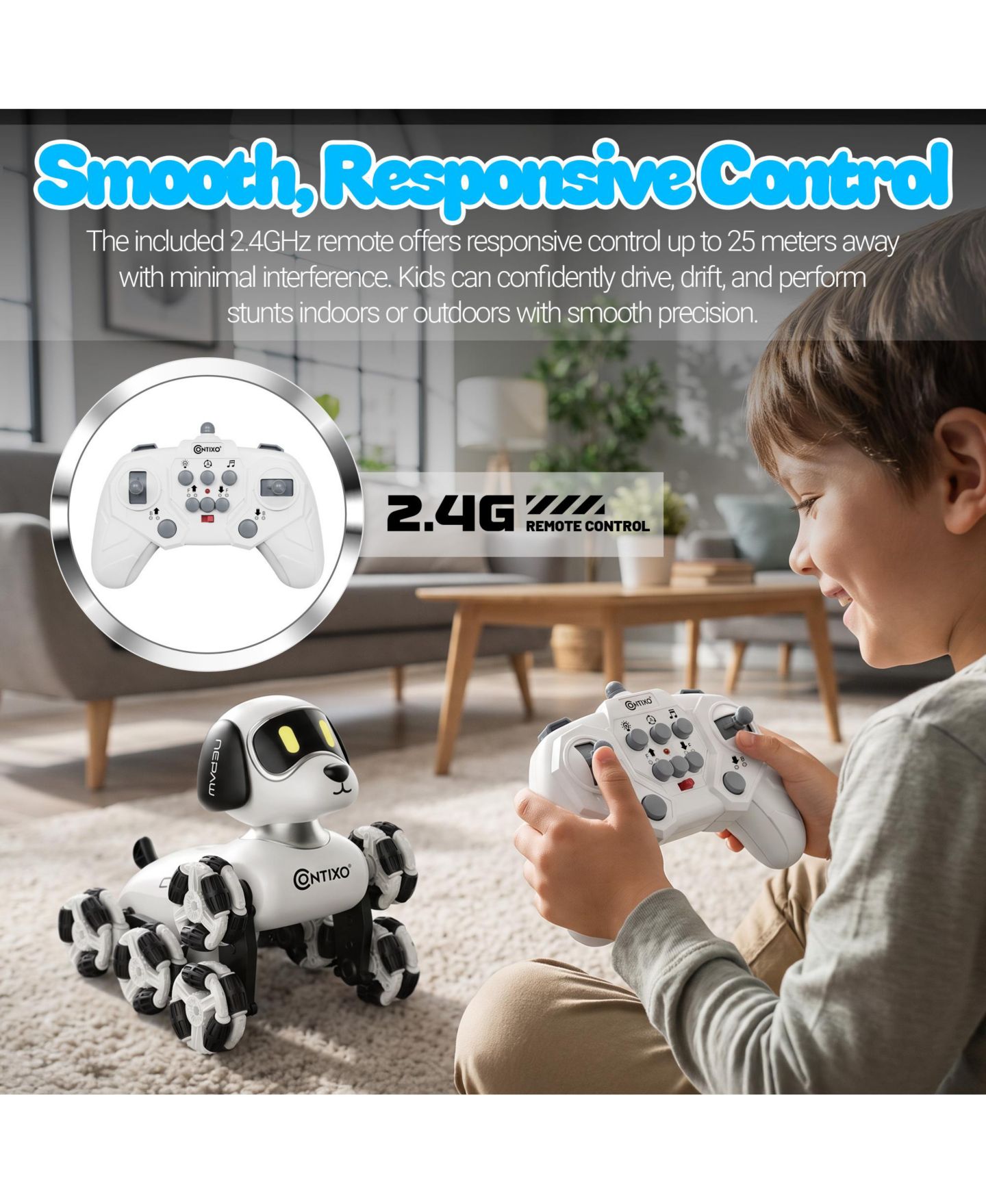 Детская игрушка Contixo RC6 NeoPaw 8-Wheel LED RC Robot Dog with Sounds, цвет: Белый / Чёрный — фото 11