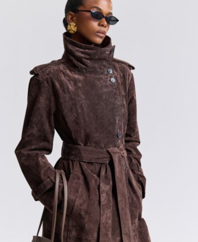 Avec Les Filles NEW! Women's Funnel-Neck Suede Oversized Trench Coat