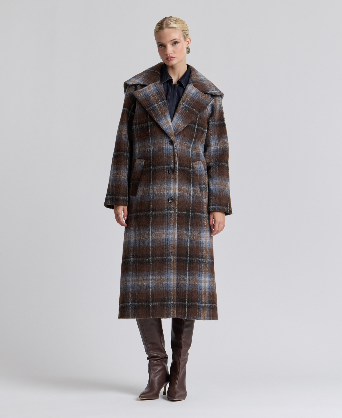 Avec Les Filles Women's Plaid Notch-Collar Maxi Coat