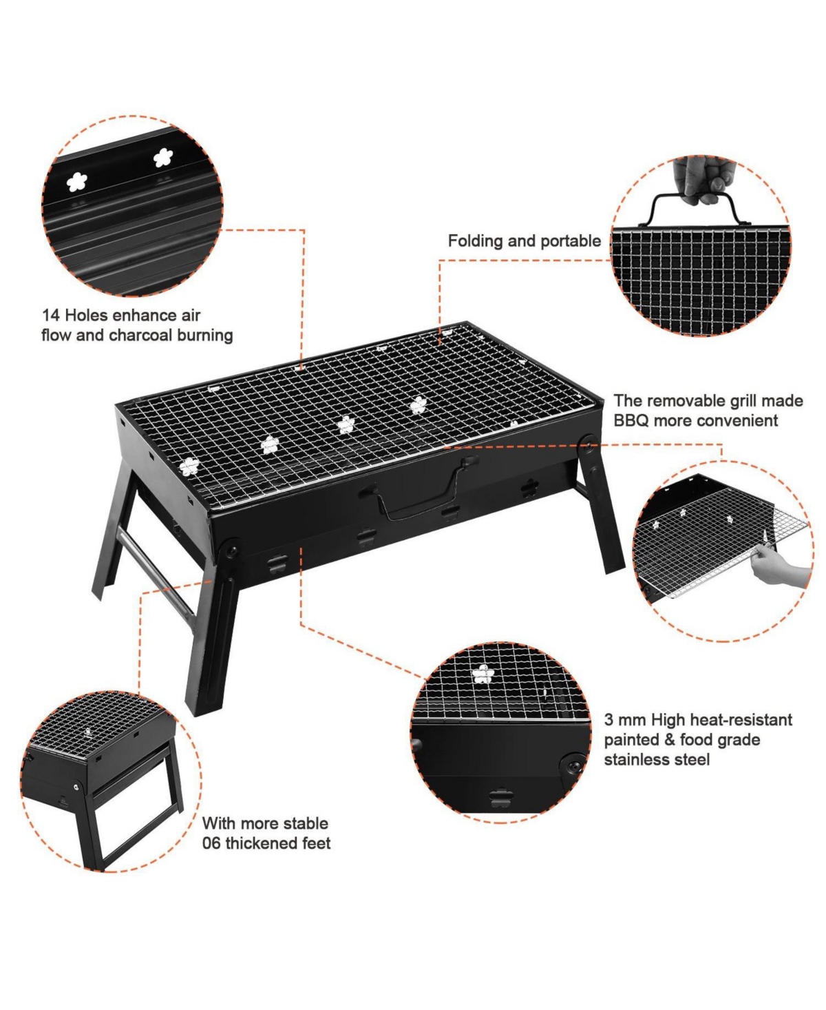 Mountaintop Portable Bbq Grill Foldable Charcoal Grill Lightweight Smoker Grill for Camping Picnics Garden Grilling