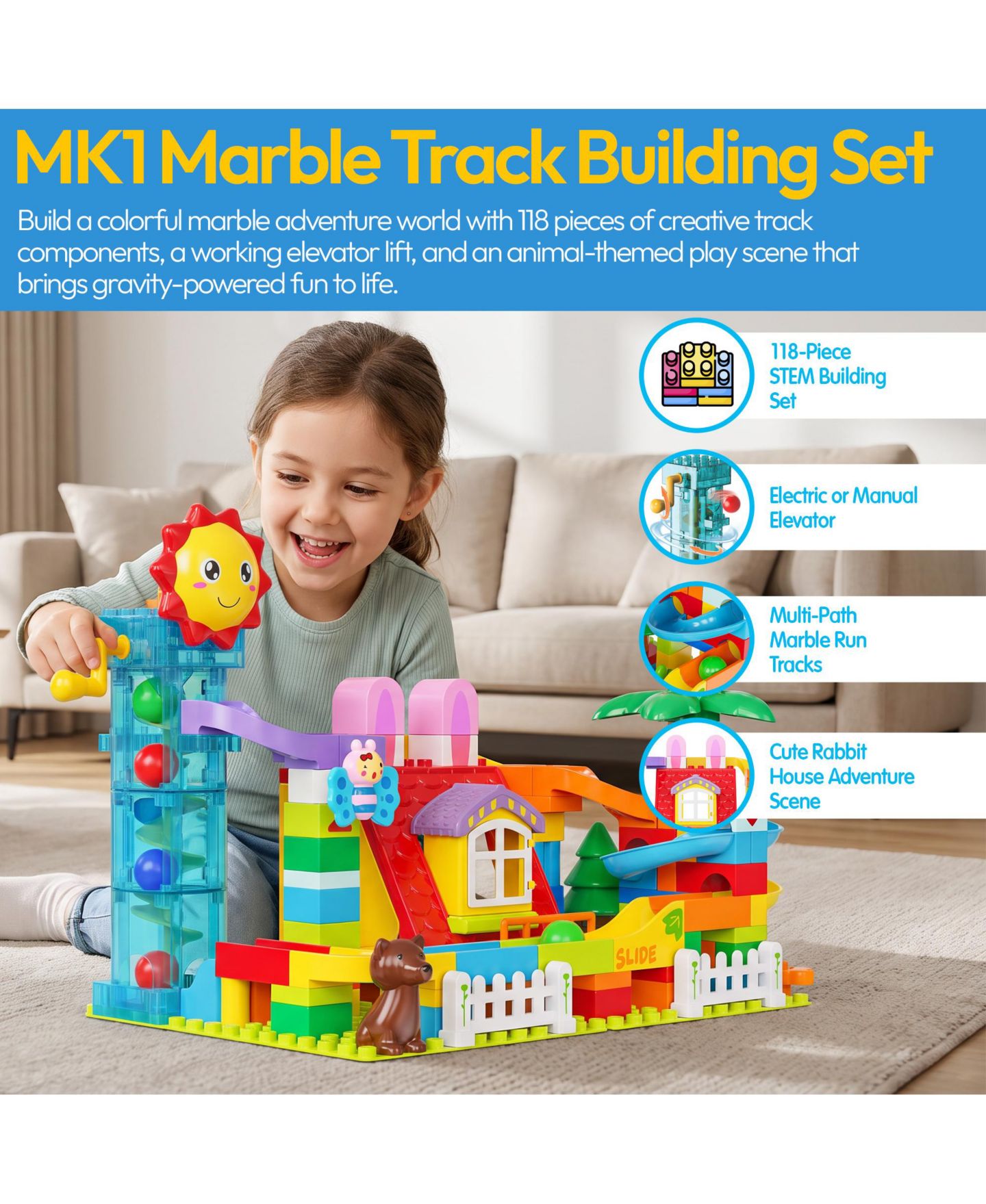 Детский конструктор Contixo MK1 Marble Track Building Set, 118-Piece Stem Toy with Elevator Lift, Rabbit House Scene and Multi-Lane Marble Run, Ages 3+, цвет: Разноцветный — фото 5