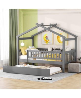 Twin Size Wooden House Bed with Twin Size Trundle