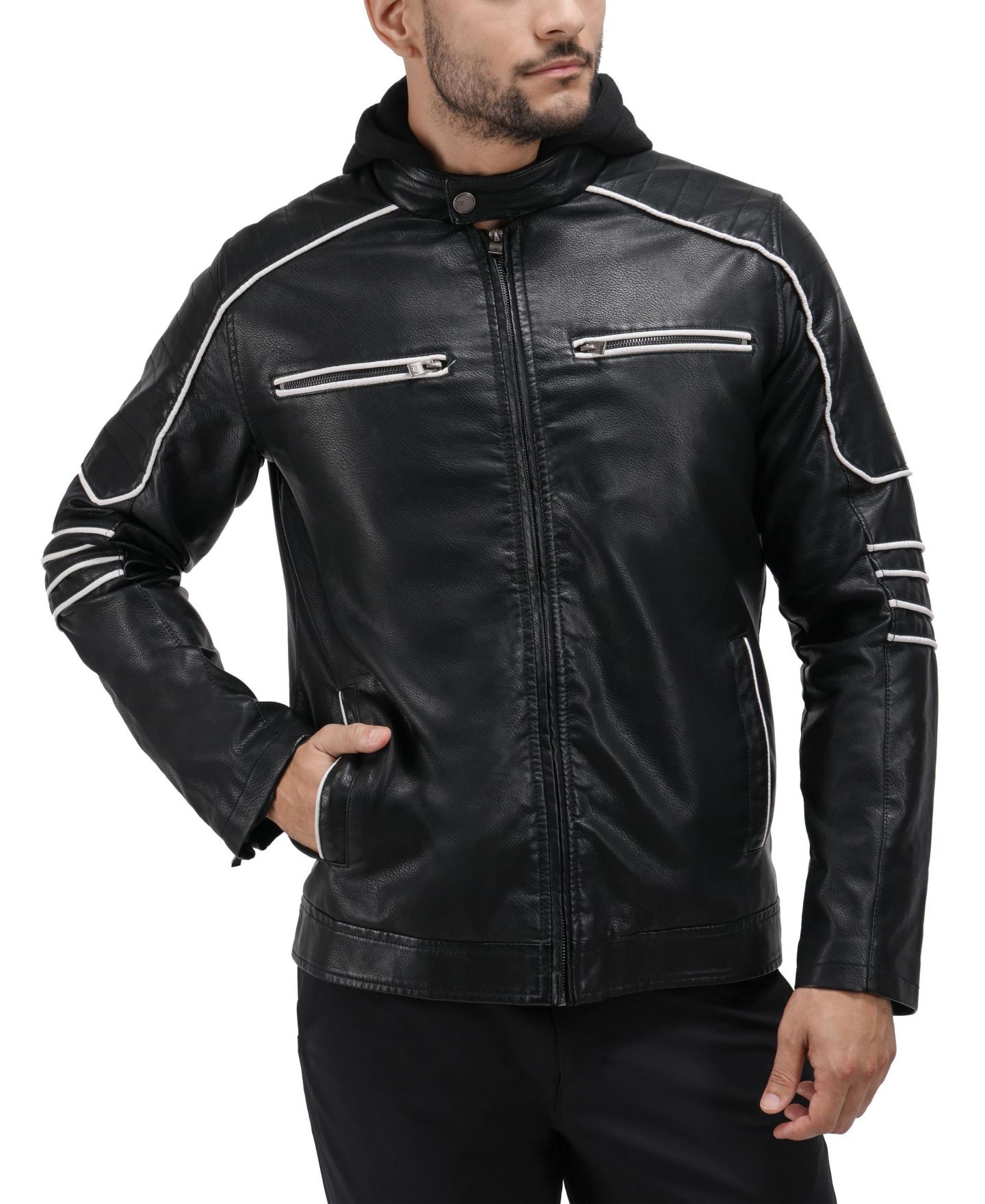 Мужская куртка X-Ray Grainy PU Moto With Hood and Faux Shearling Lining, цвет: Чёрный / Белый — фото 10