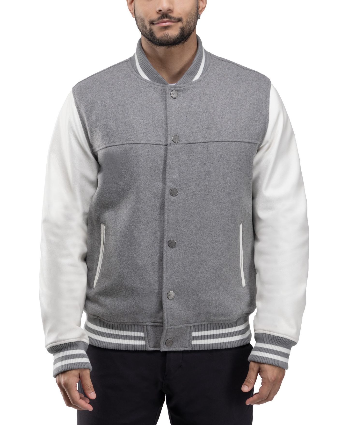 Мужская куртка X-Ray Wool Varsity Bomber With PU Sleeves, цвет: Серый / Белый — фото 7
