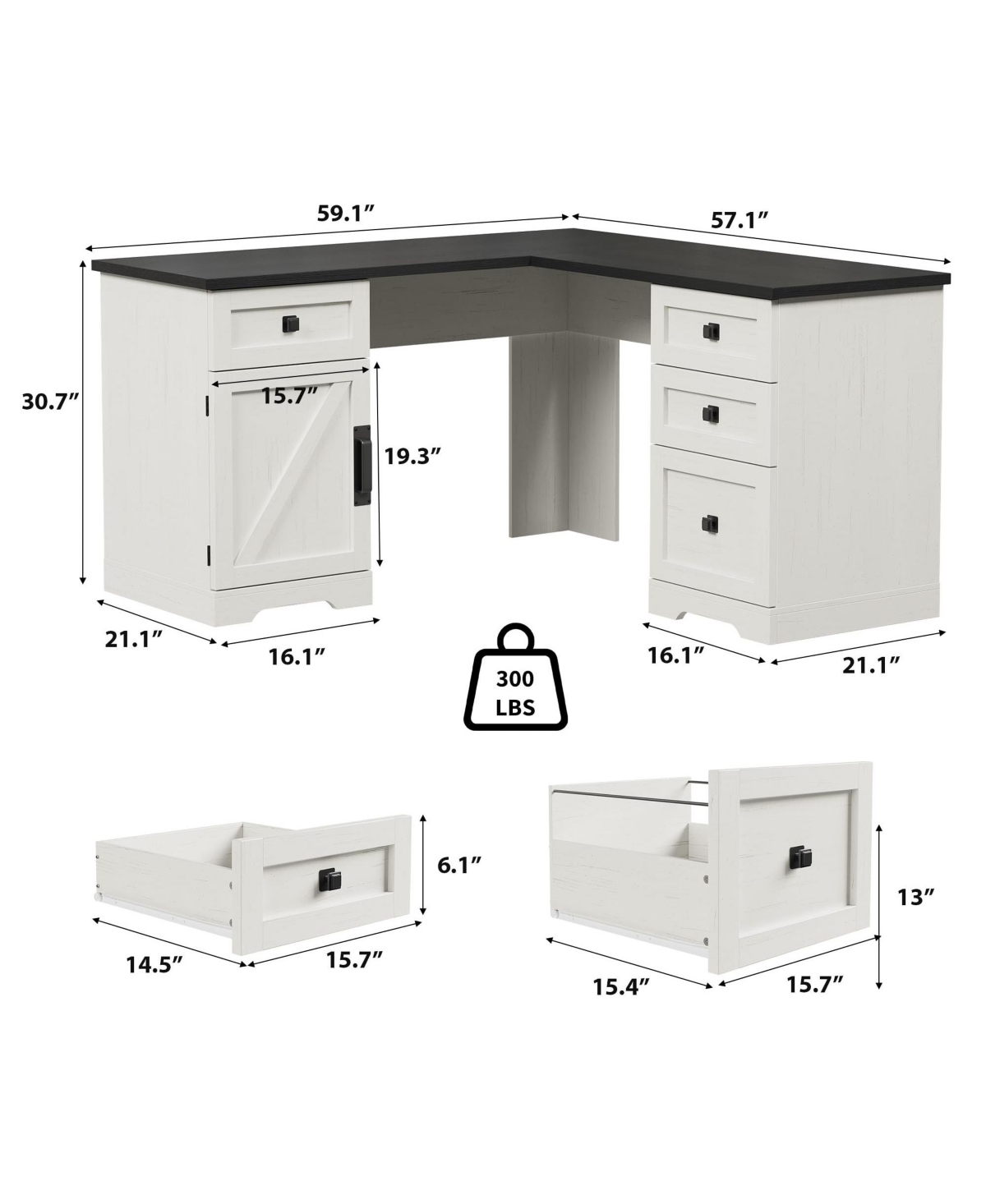 Farmhouse 60" L-Shaped Executive Desk with File Drawers and Adjustable Cabinet