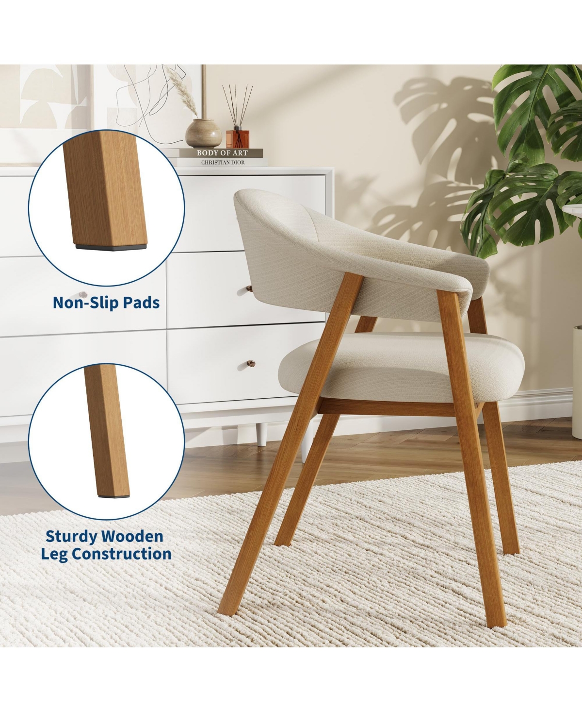 Dining Chairs Set of 4, Chenille Armchair, Upholstered Kitchen Chairs Wooden Legs Curved Backrest, Modern Chair for Dining Room Kitchen Living Room