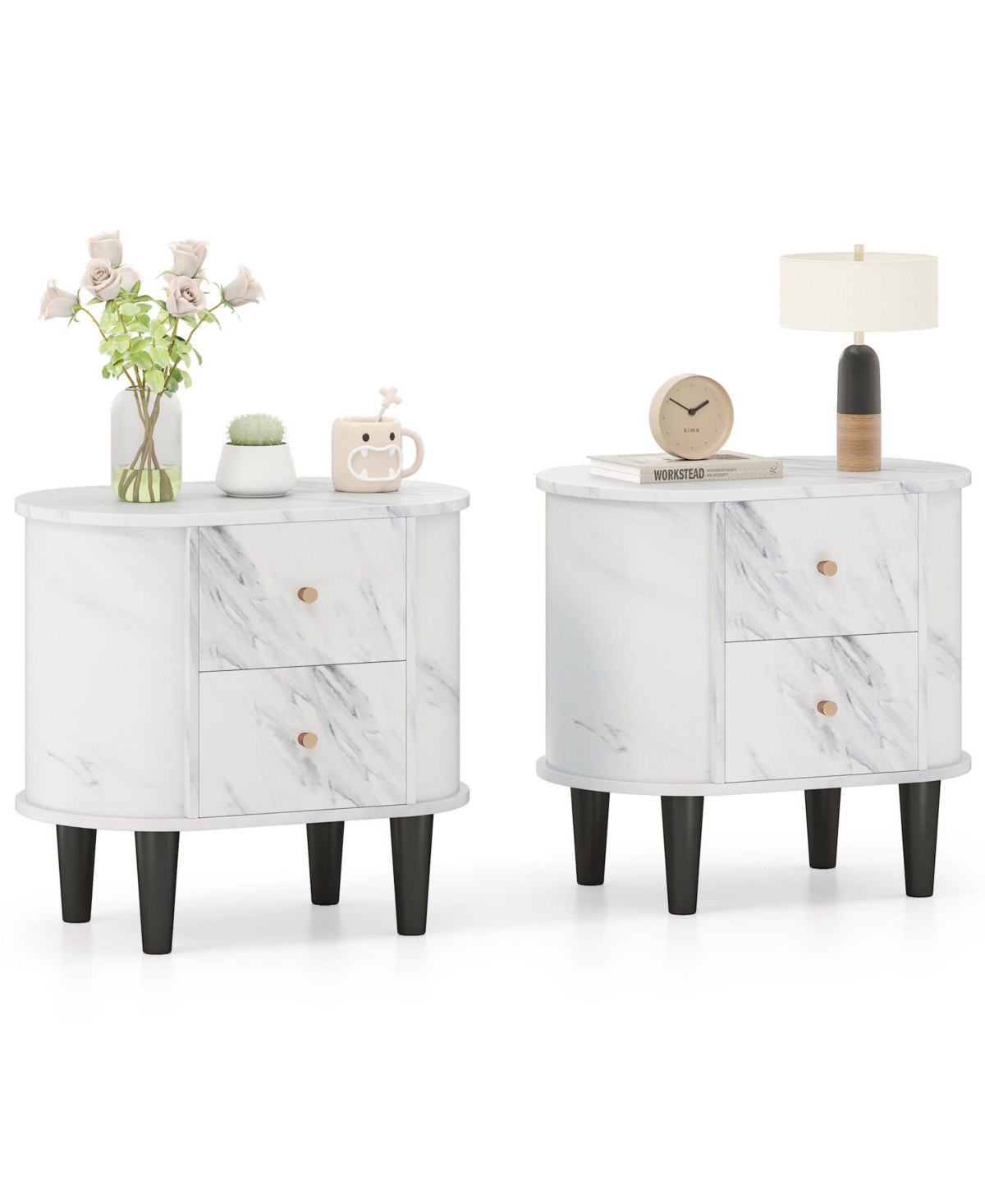Gymax 2-Pieces Nightstand with 2 Drawers Faux Marble Bedside Table for Small Space - White