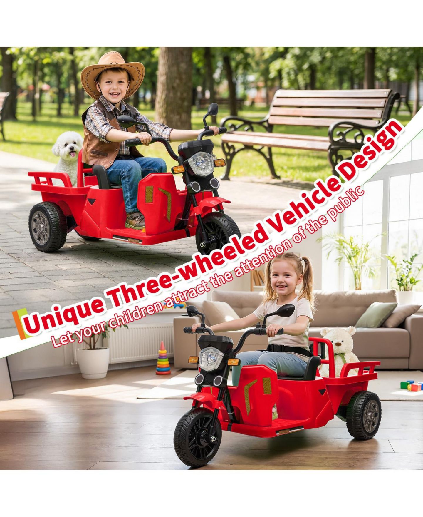 Детская игрушка homfan 12V Kids Electric Motorcycle 3-Wheel Ride-On Tractor with Trailer, 2x55W Motor, Bluetooth Music, Ages 3-8 — фото 5