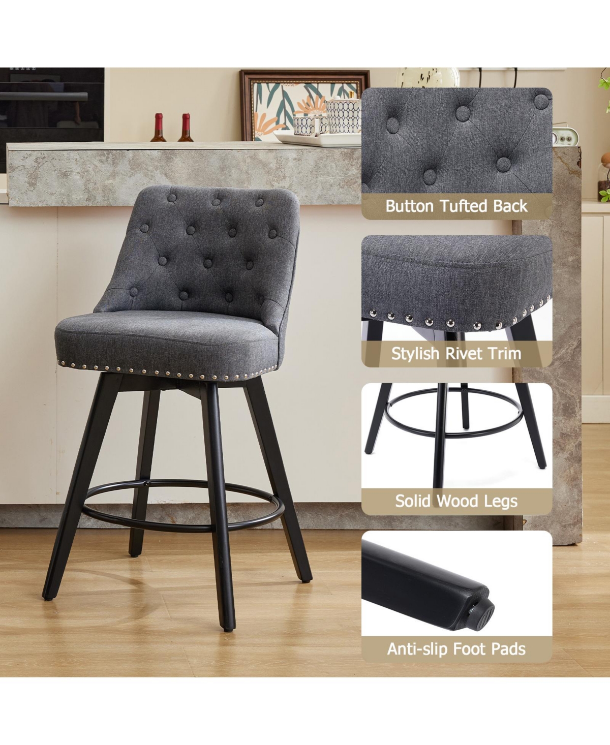 Modern Bar Stool Set of 2, 360 degrees) Swivel Counter Stool, Linen Upholstered Stool with Button Tufted Back, Footrest, Wooden Chair Set for Kitchen