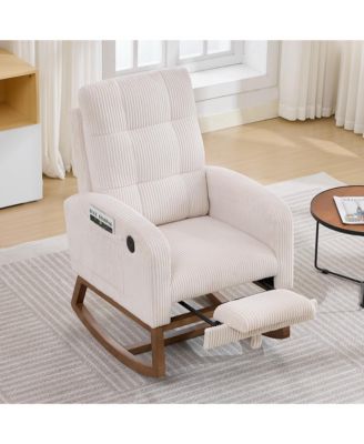 Upholstered Nursery Rocking Chair Glider Rocker Recliner w/Footrest, Side Pocket and USB Port and Footrest, High Backrest Rocker Recliner for Nursery
