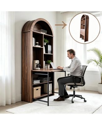 Convertible Folding Desk and Arched Bookcase for Small Spaces