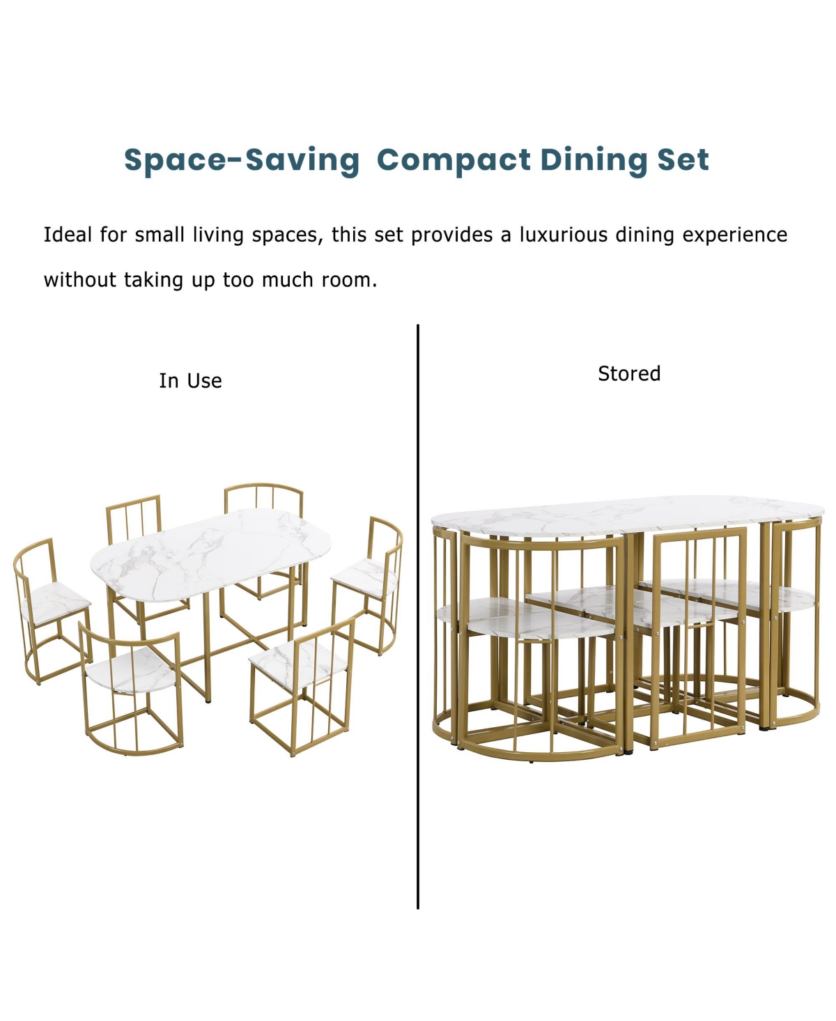 Flynama 7-Piece Golden Faux Marble Dining Set, 53.5" Table and 6 Chairs