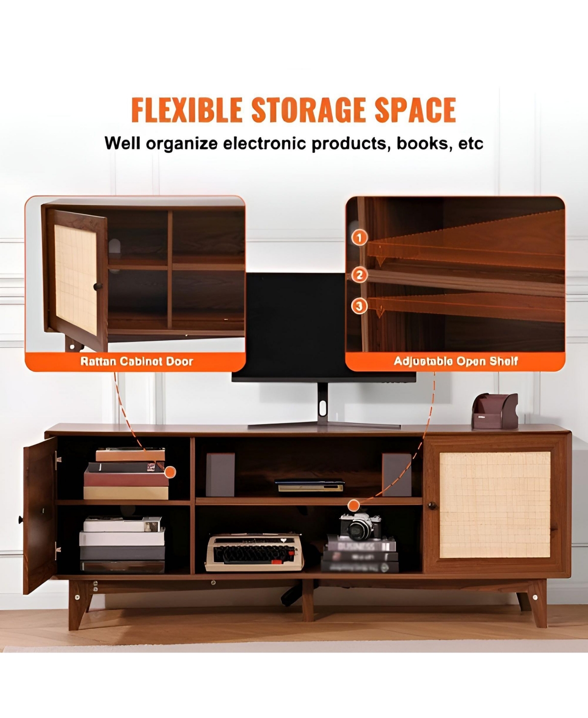 Slickblue Tv Stand with Rattan Door and Storage Shelves, Modern Media Console for Living Room