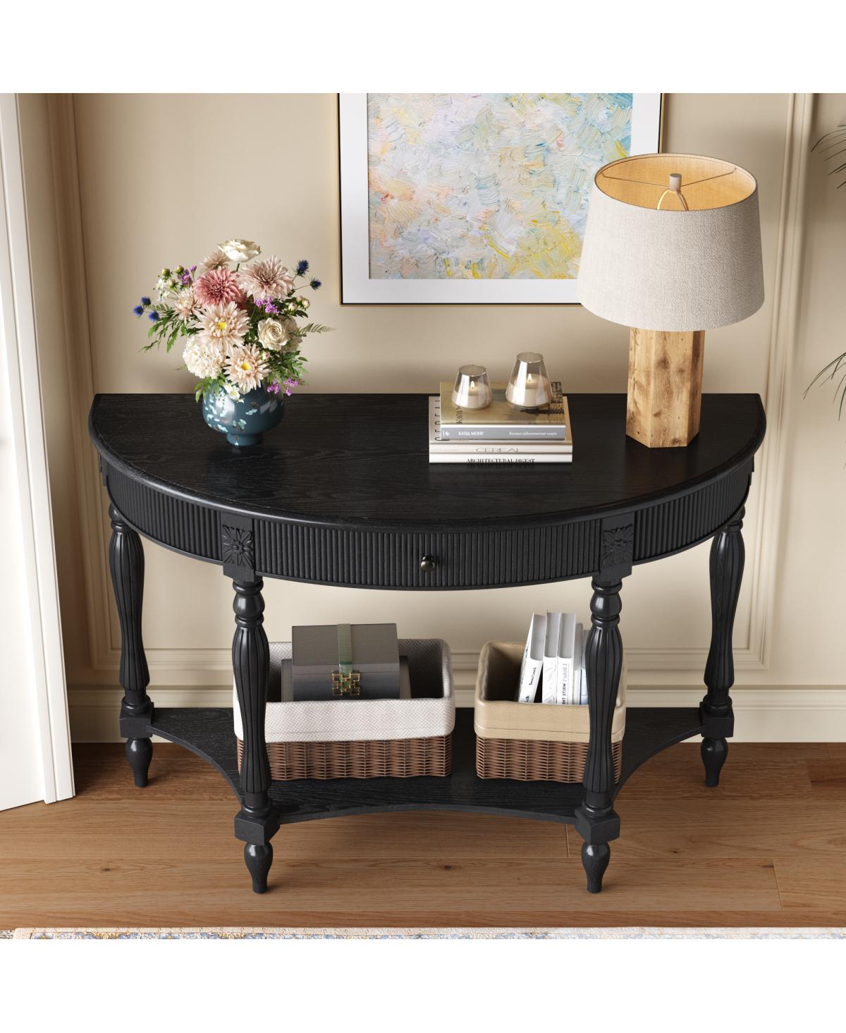 Streamdale Furniture Solid Wood Half Moon Console Table with Drawer and Shelf,