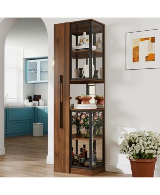 70" Glass Door Display Cabinet with Lights and Pull-Out Multi-Tier Storage Shelf