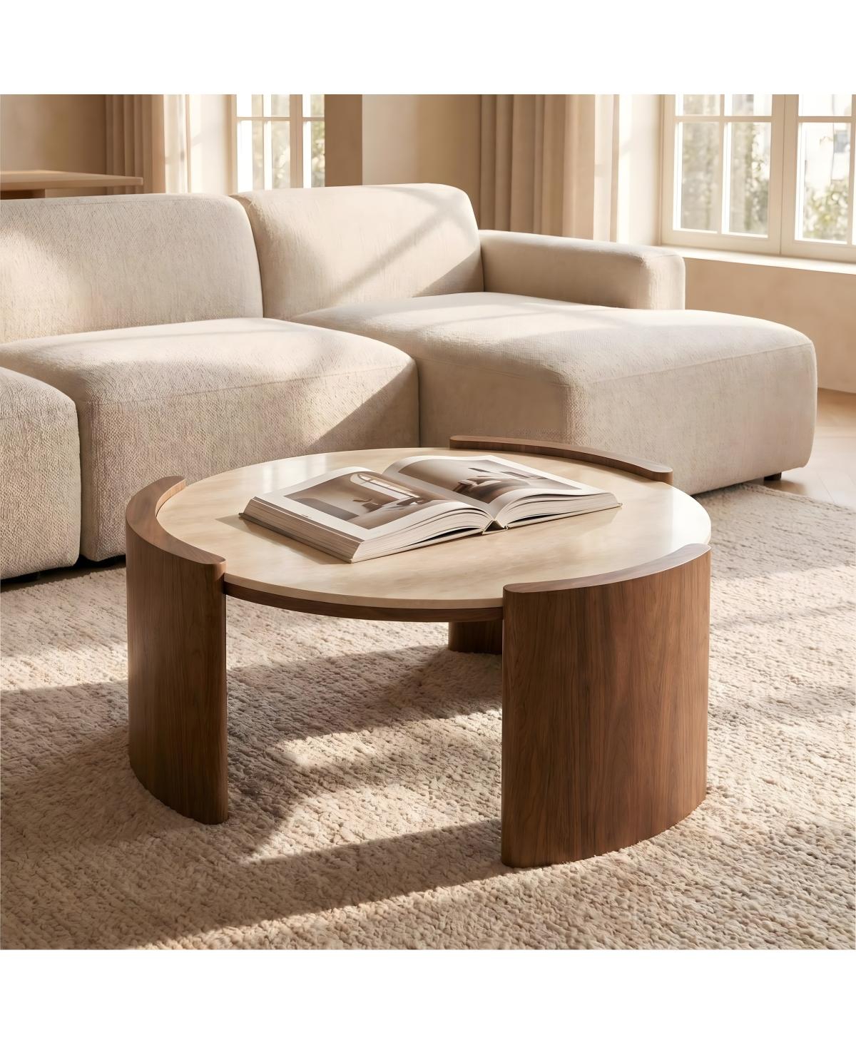 Streamdale Furniture Modern Round Sintered Stone Coffee Table with Walnut Legs