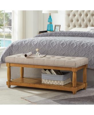  Upholstered Linen Storage Bench with Shelf and Tufted Ottoman Design