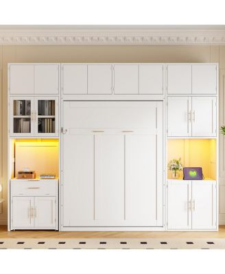  Full Size Murphy Bed with Desk, Storage Cabinets and LED Light