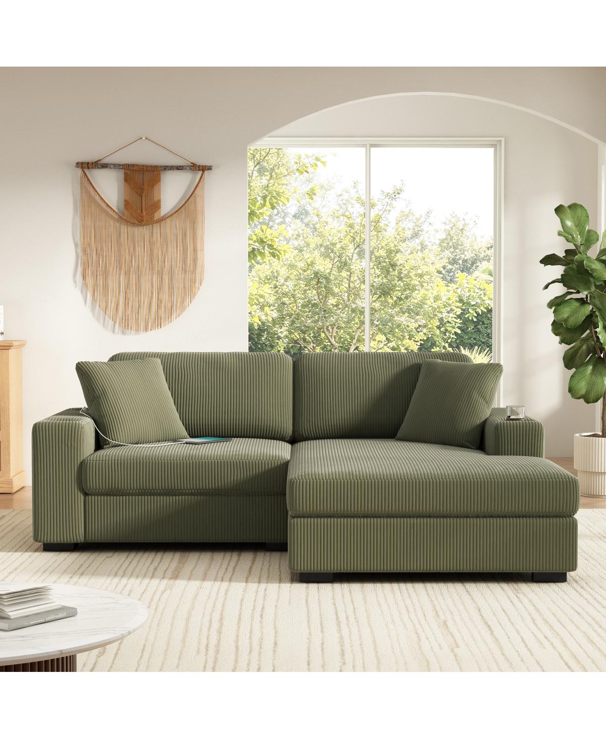 Streamdale Furniture 86.5" Corduroy L-Shaped Sectional Sofa with Usb Ports and Cup Holders