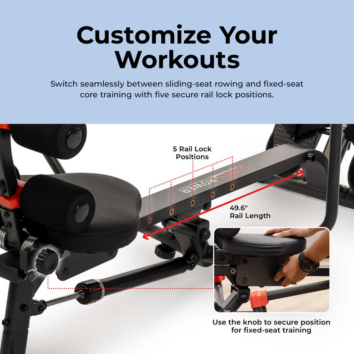 Sunny Health and Fitness 2-in-1 Smart Full Motion Rowing Machine with Core Trainer, 12 Resistance Levels and Trainer-Led Workouts via SunnyFit App