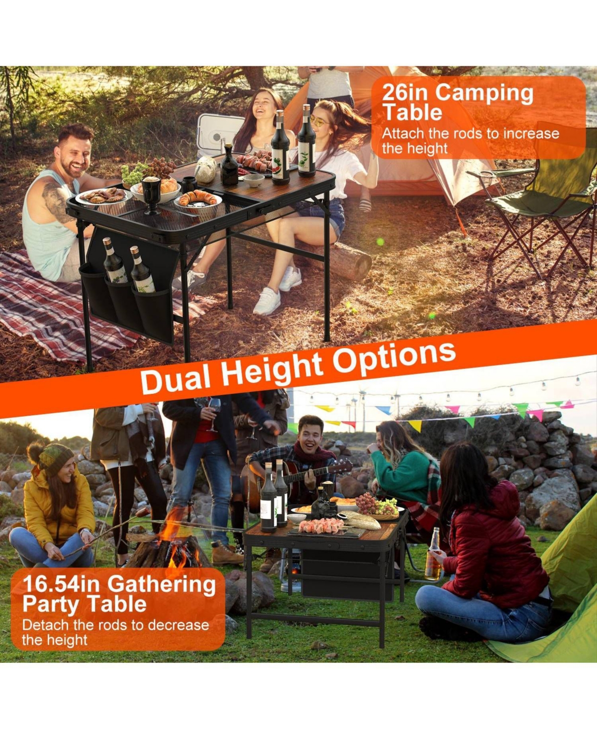 Mountaintop Foldable Camping Table Collapsible Picnic Aluminum Alloy Grill Stand 66LBS Max Load Height Adjustable Bbq Table with Adjustable