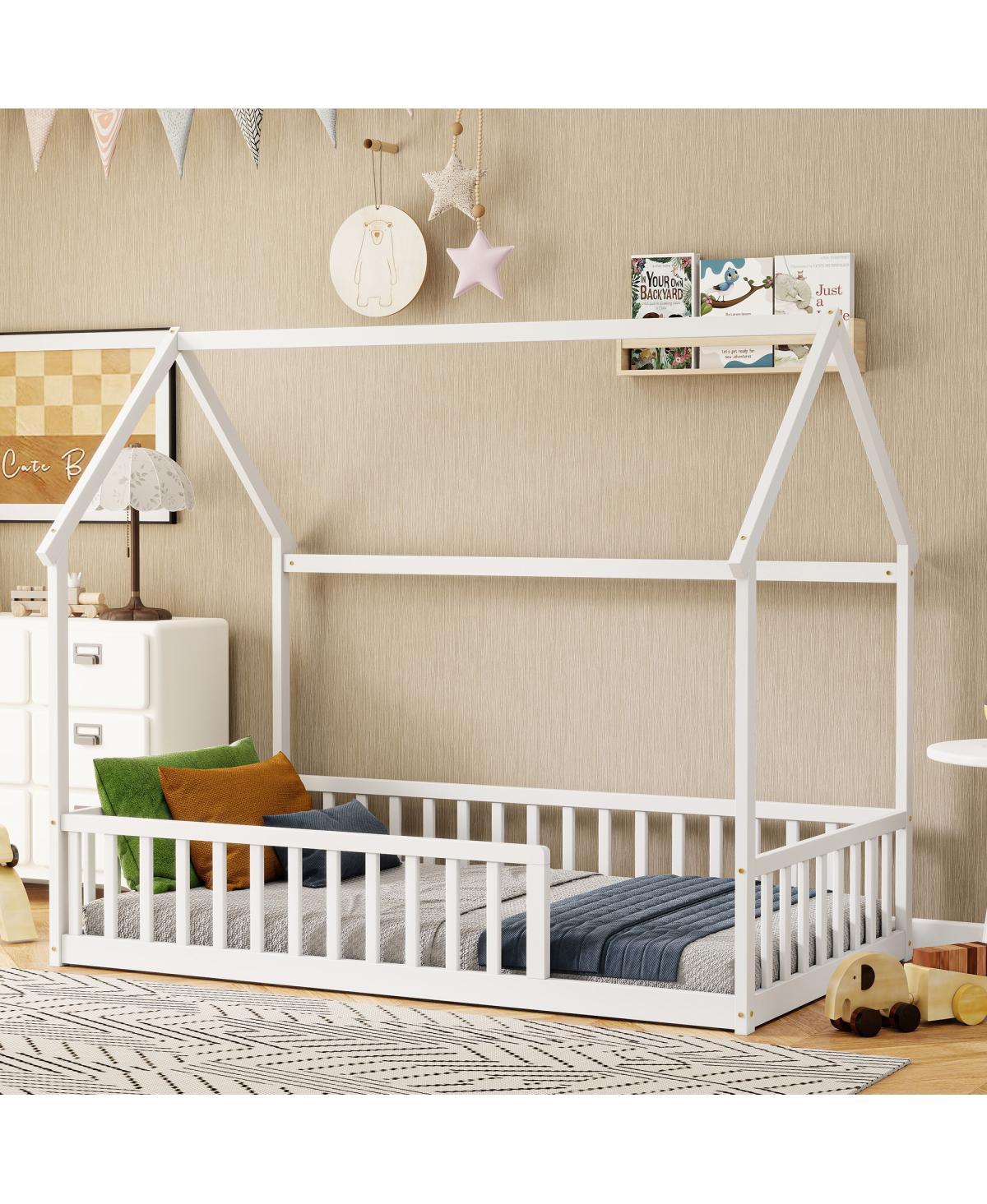 Streamdale Furniture Twin House Floor Bed with Roof and Safety Guardrails