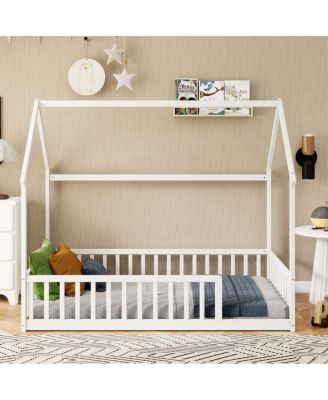  Twin House Floor Bed with Roof and Safety Guardrails