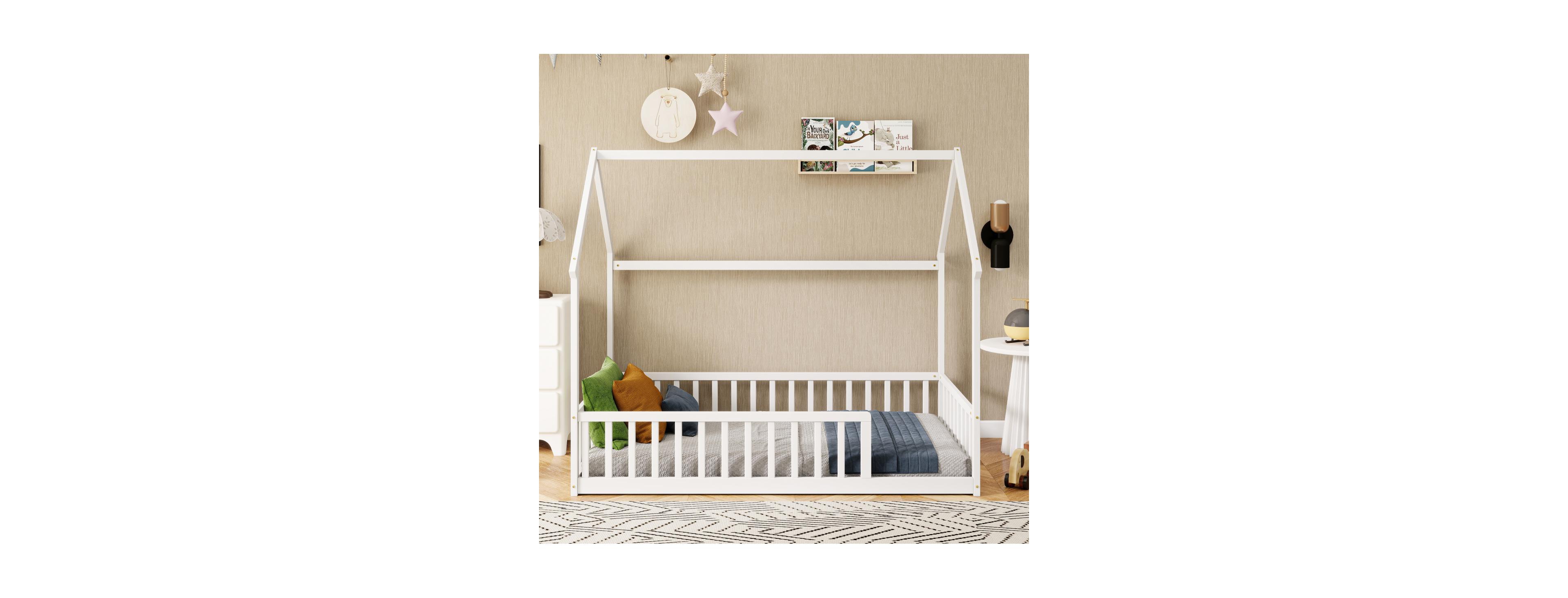 Streamdale Furniture Twin House Floor Bed with Roof and Safety Guardrails