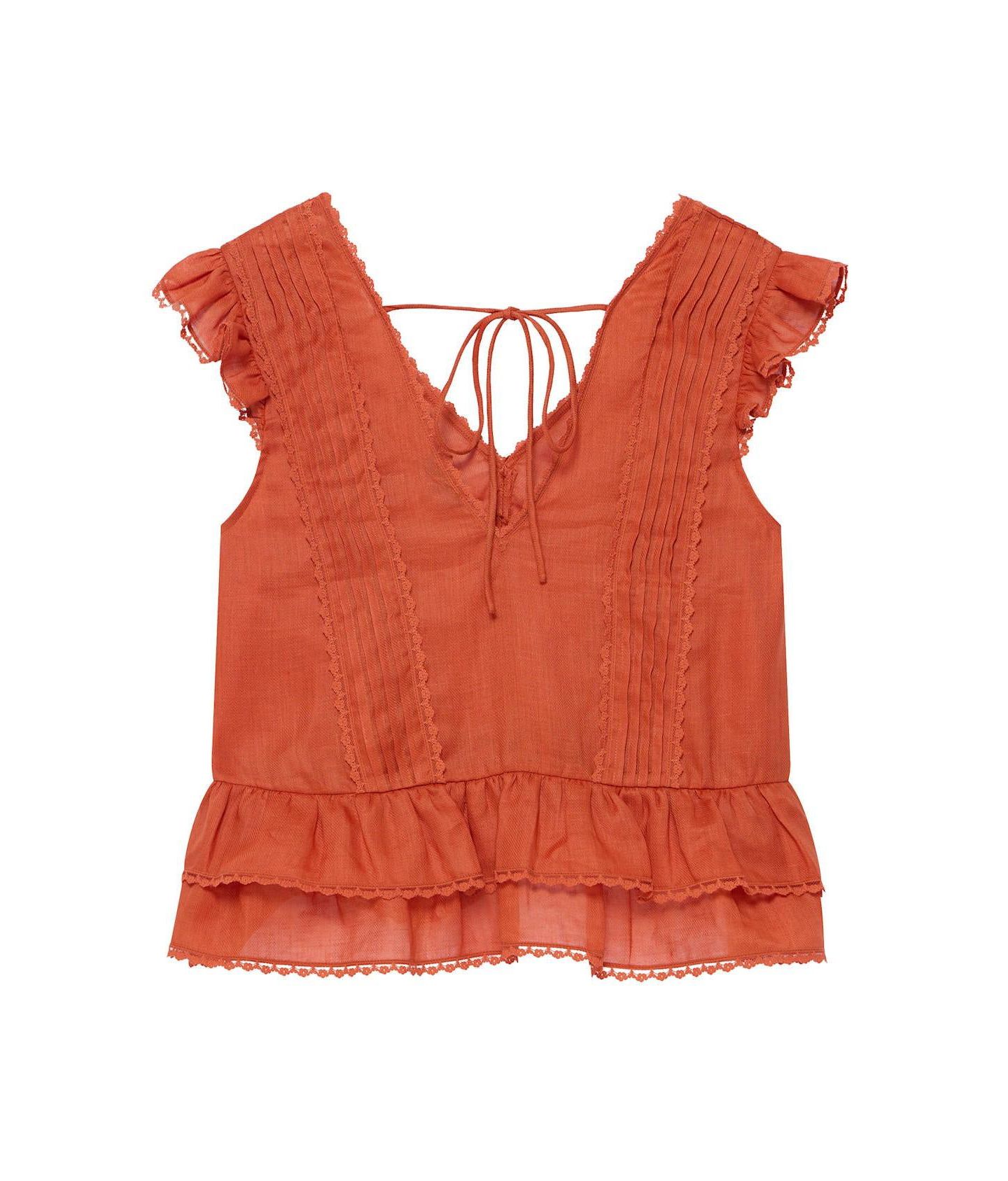 Женская блузка Mint Velvet V-Neck Ruffle Sleeveless Ramie, цвет: Оранжевый — фото 4