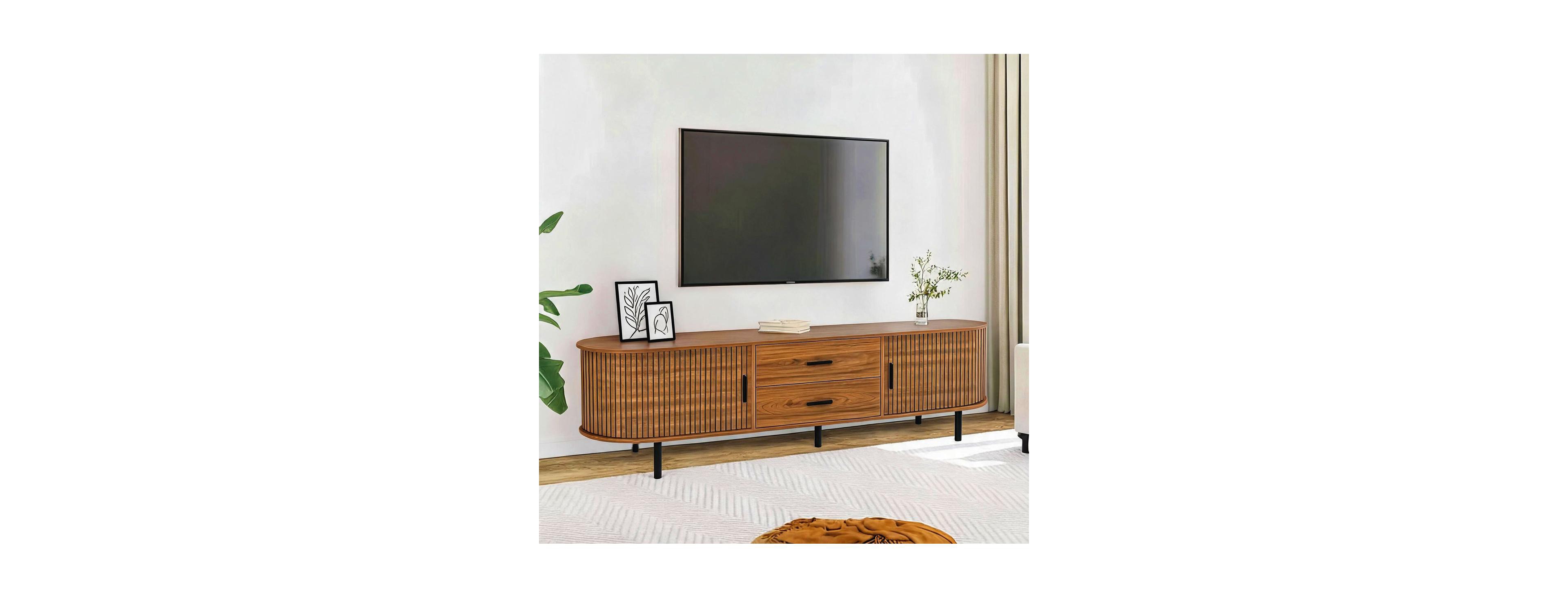 Tribesigns 70" Mid-Century Tv Stand with Sliding Doors and Shelves