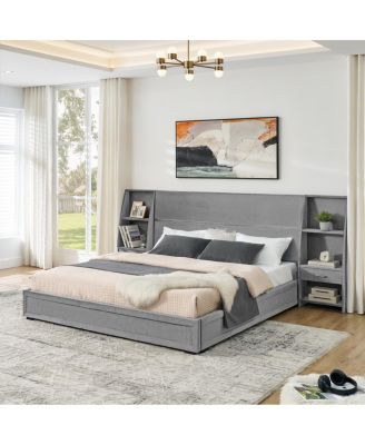 King Size Velvet Storage Platform Bed Frame with Bookcases and Drawer