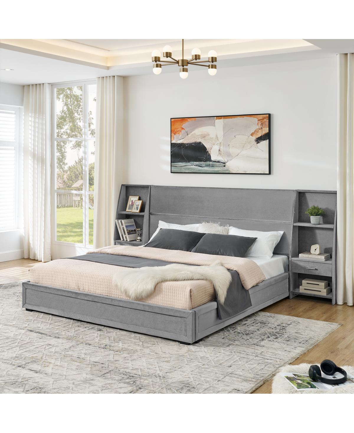 Streamdale Furniture King Size Velvet Storage Platform Bed Frame with Bookcases and Drawer