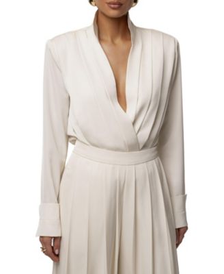 Women's Visionary Pleated Deep-Plunge Long-Sleeve Bodysuit