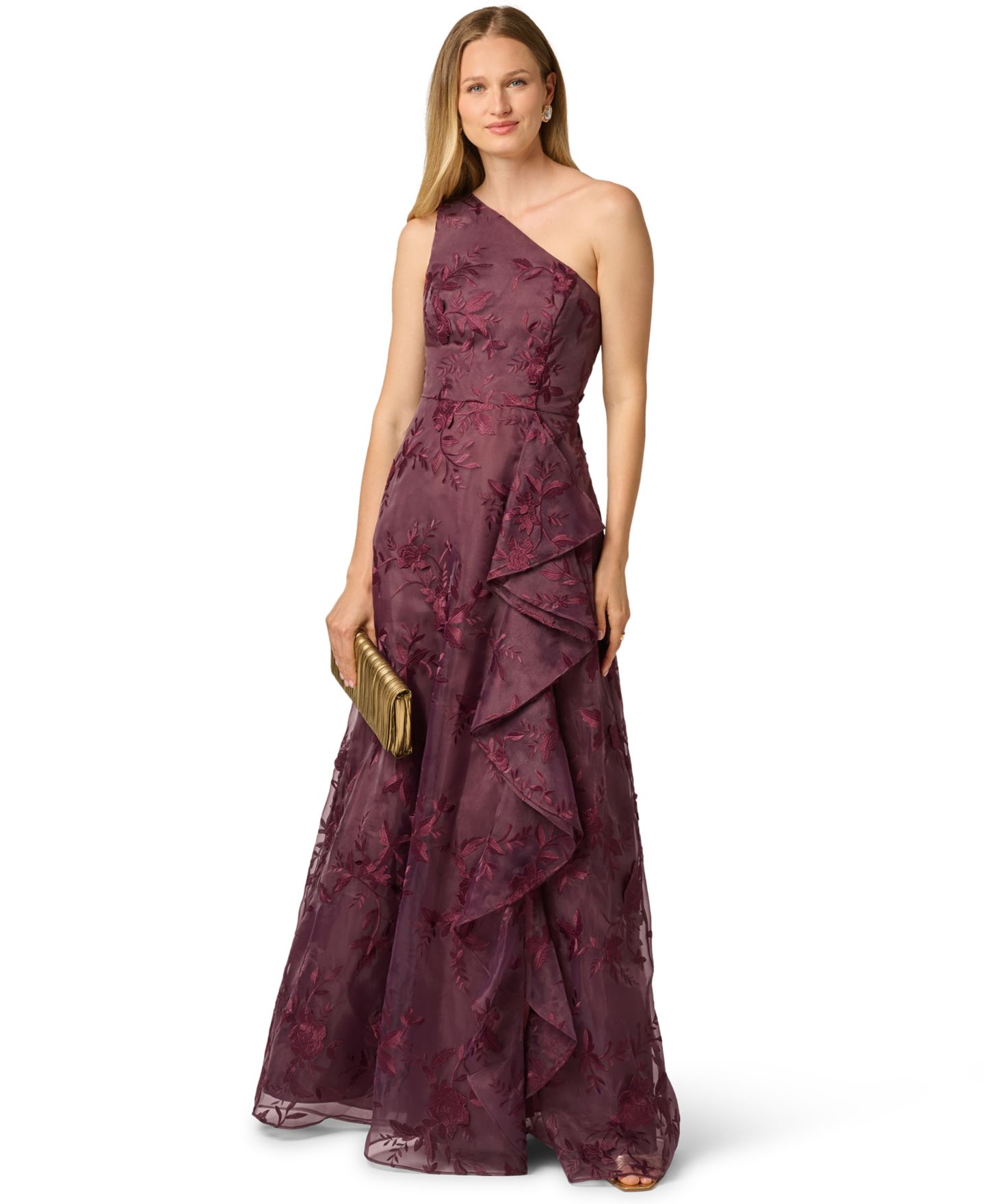 Женские платья Adrianna Papell Petite One-Shoulder Floral-Embroidered Ruffle Gown, цвет: Изюмный — фото 2