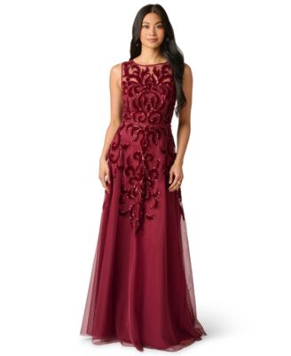 Adrianna Papell Illusion Neck Sleeveless Bead Mesh Long Dress, Womens, 12, Mahogany