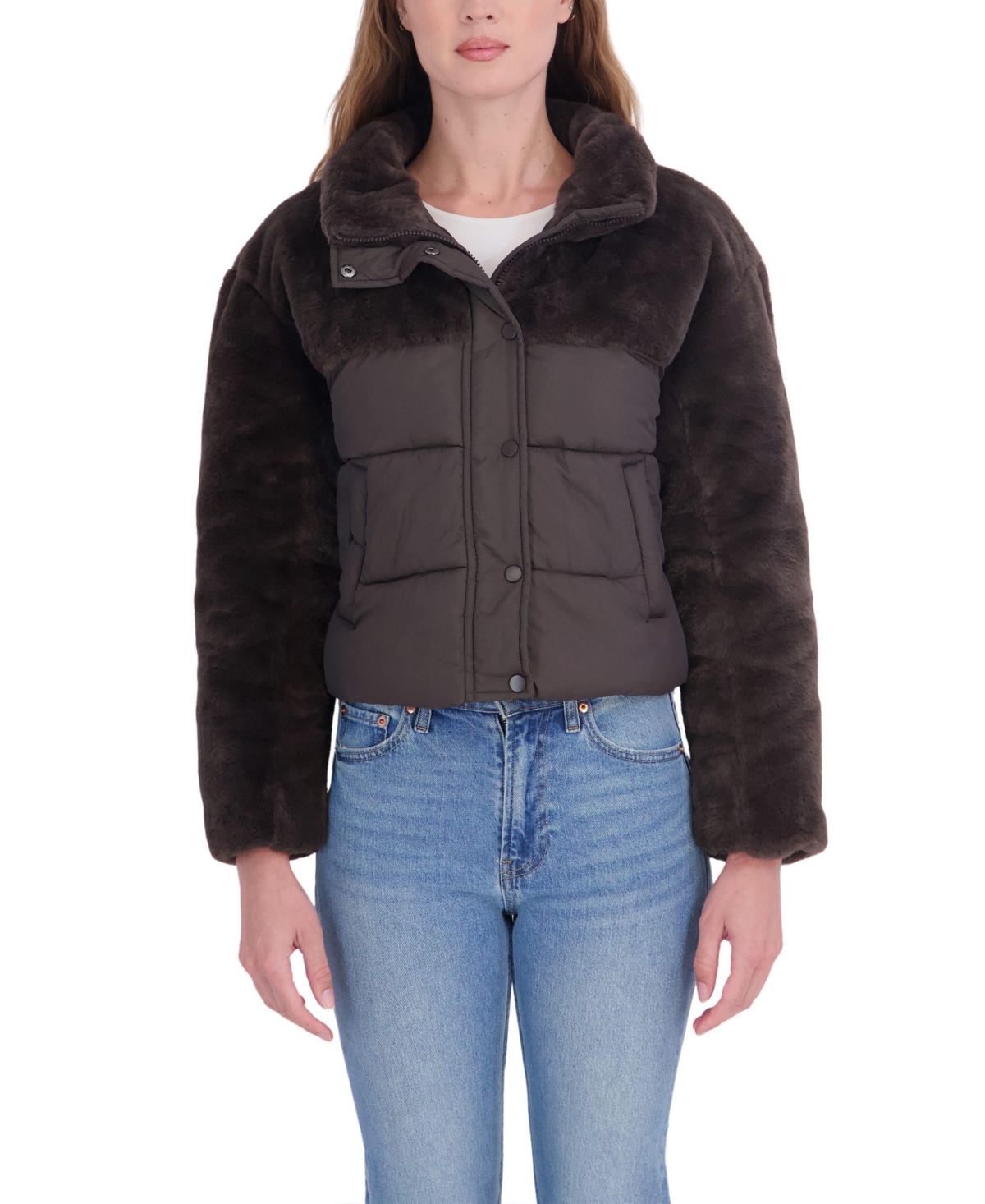 Sebby Collection Women's Short Mix Media Puffer Jacket - Brown