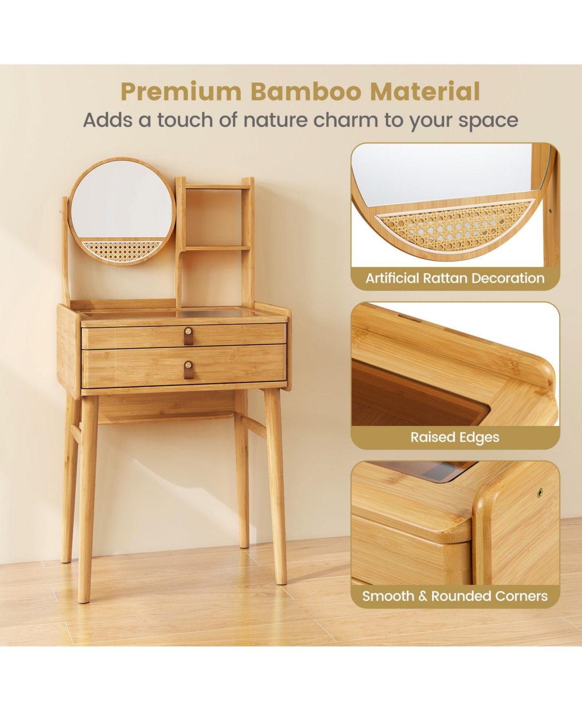 Slickblue Small Vanity Desk and Stool Set with Mirror and 2 Drawers