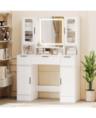 Vanity Desk with Mirror and Light, Makeup Dressing Table with 2 Glass Cabinets, 2 Large Cabinets and 3 Wavy Drawers, Makeup Vanity